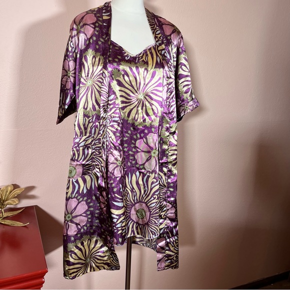 Vintage retro Asian floral royal purple green satin mini slip dress Robe set - Picture 5 of 16